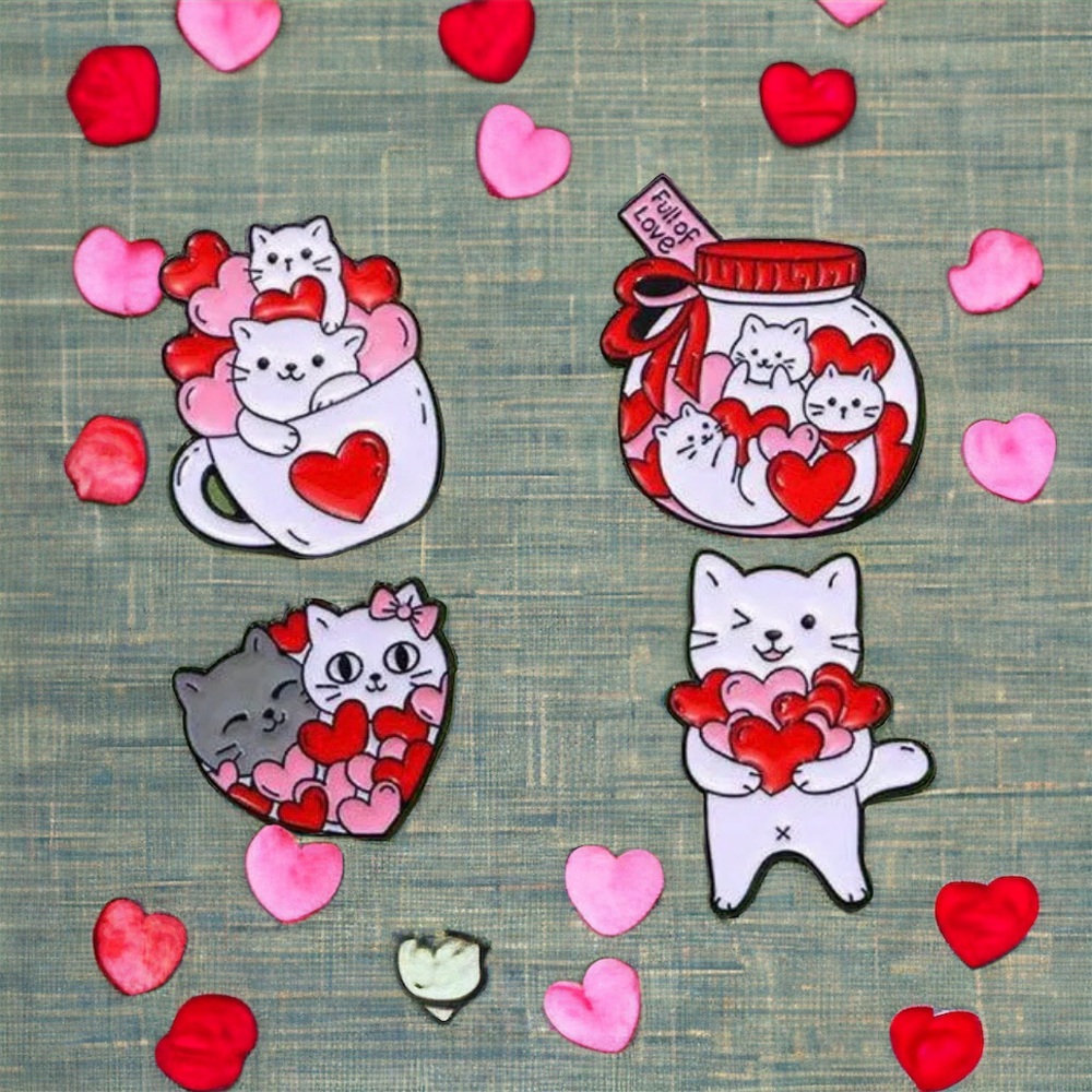 4 Pcs Red, Pink & White Color Black Cat Shape Pin Set‎ Simple Animal Theme Pin
